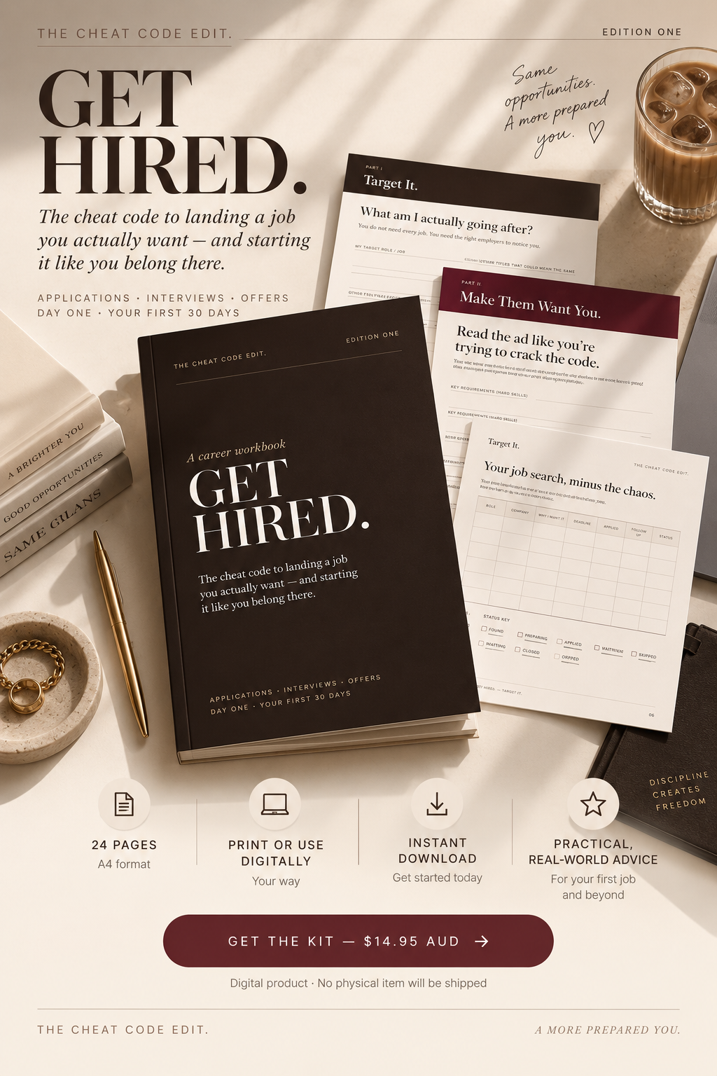 GET HIRED. workbook look-inside spread by The Cheat Code Edit.