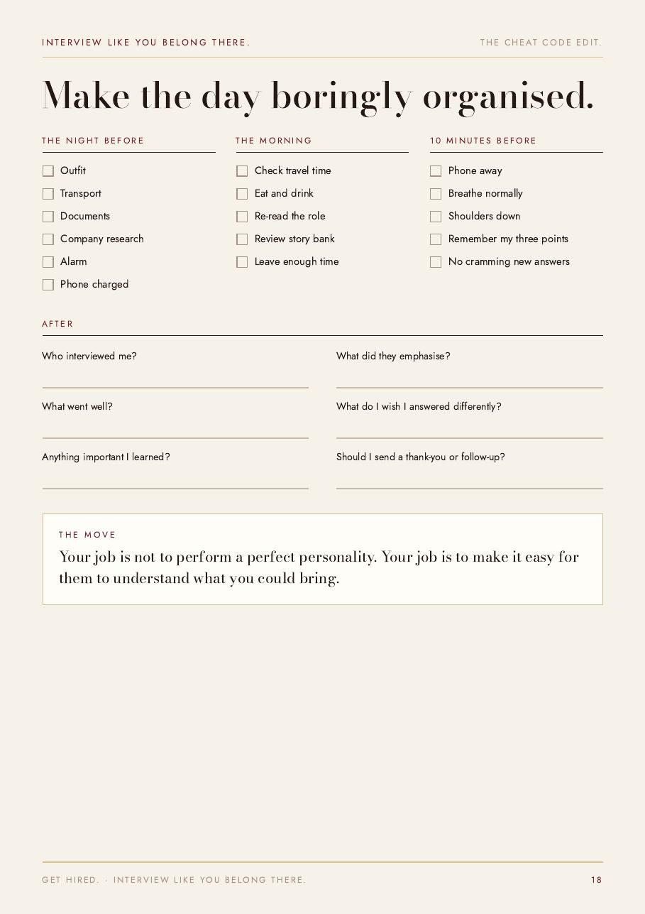 Day one checklist page from GET HIRED.